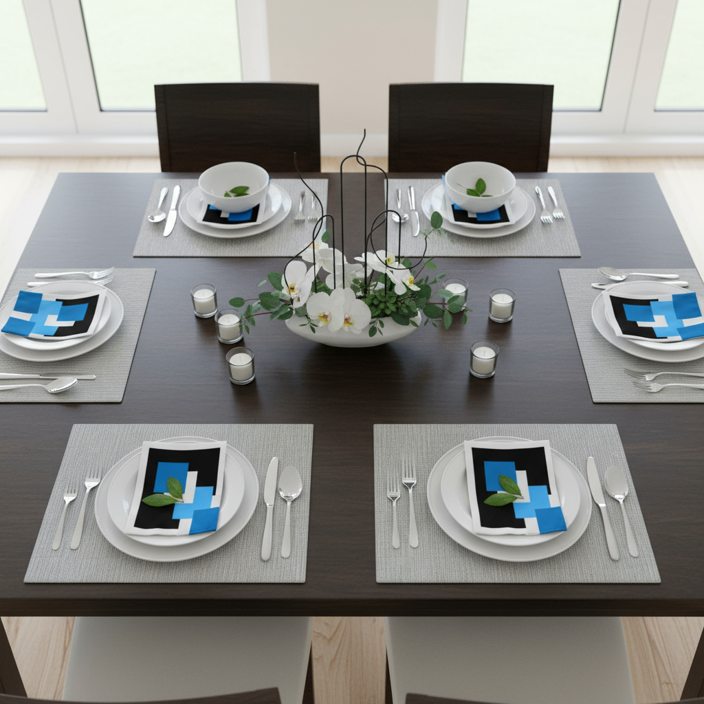 Black, White & Blue Abstract Cloth Napkin Set – 4 Reusable 20x20” Fabric Napkins for Modern Table Décor
