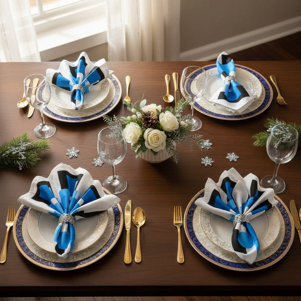 Black, White & Blue Abstract Cloth Napkin Set – 4 Reusable 20x20” Fabric Napkins for Modern Table Décor