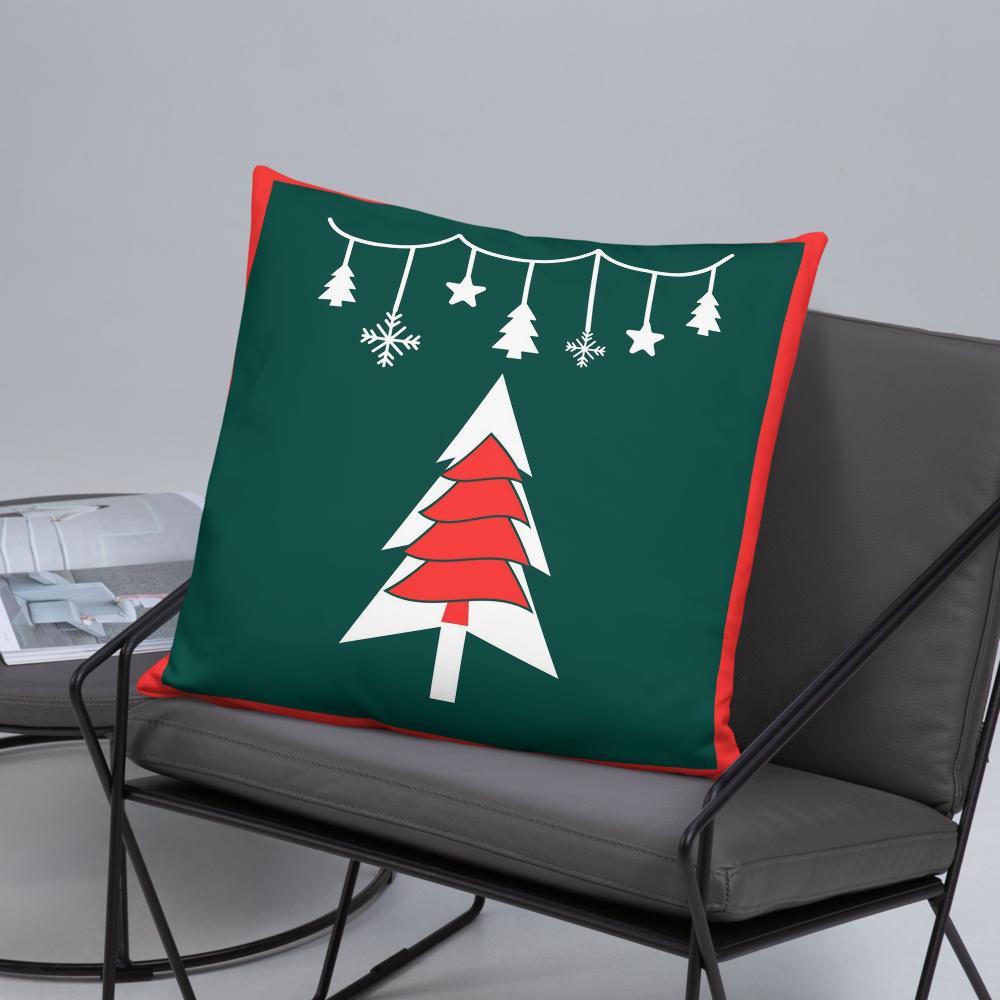 Festive Green & Red Christmas Tree Throw Pillow – 22x22” Holiday Cushion for Living Room & Bedroom Decorating