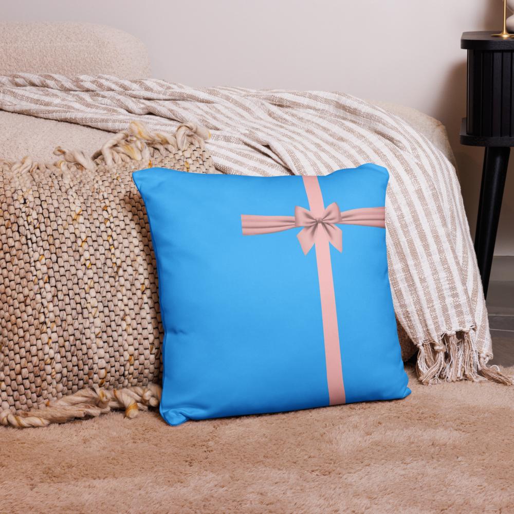 Blue Throw Pillow with Pink Line & Bow – 18x18” & 22x22”