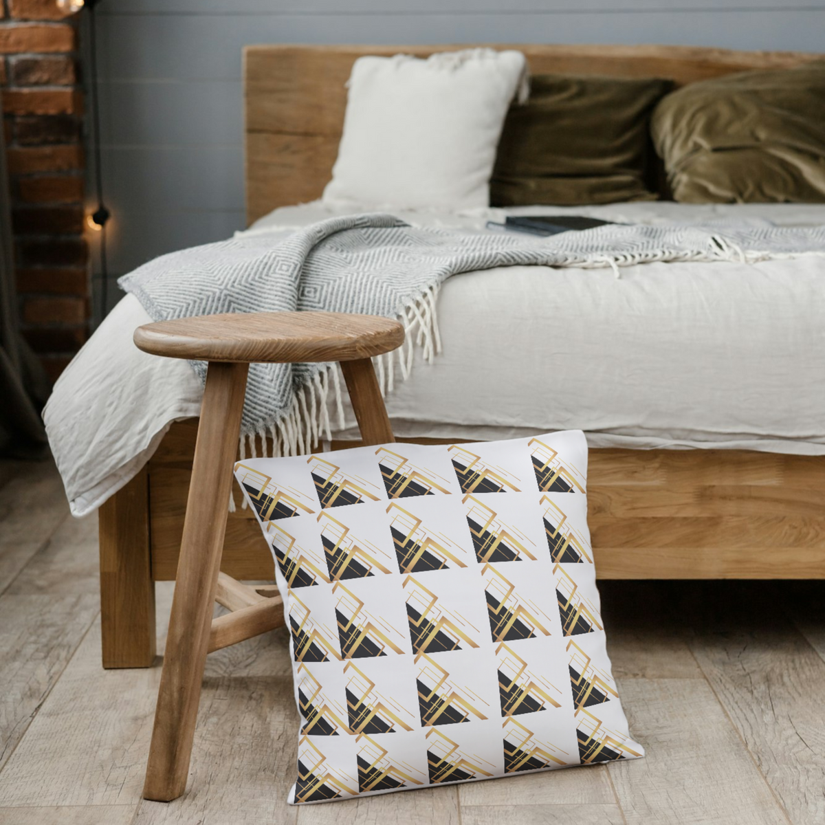 Gold & Black Triangle Throw Pillow – 18x18” Modern Geometric Design on White Background