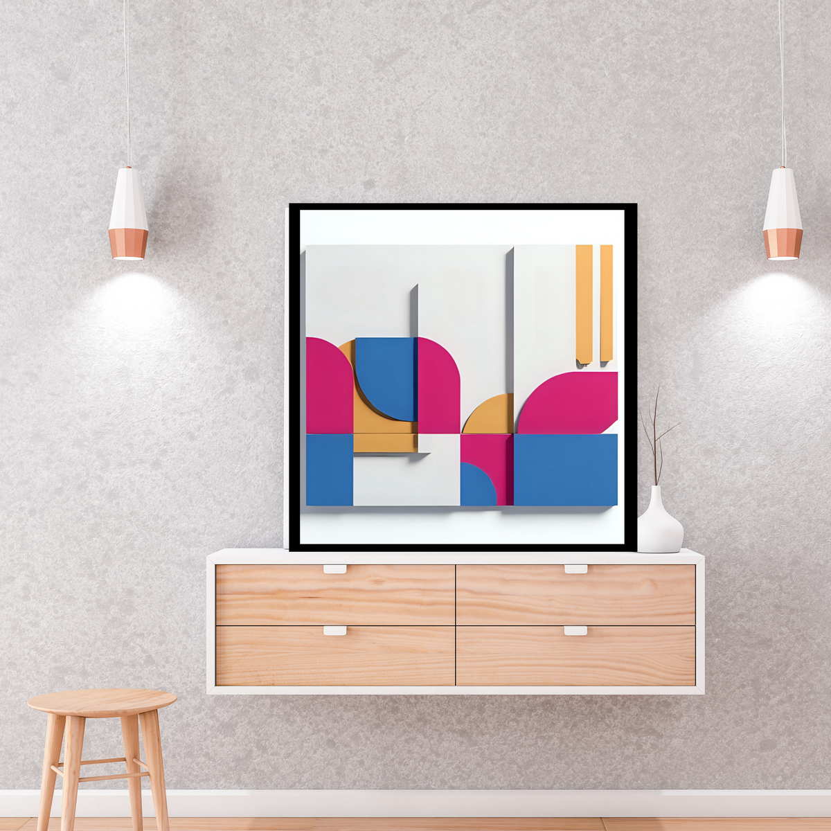Luxury 3D Wall Art Set – Pink, Blue & Gold (3 Prints, Digital Download – 16x16, 20x20, 24x24 in)