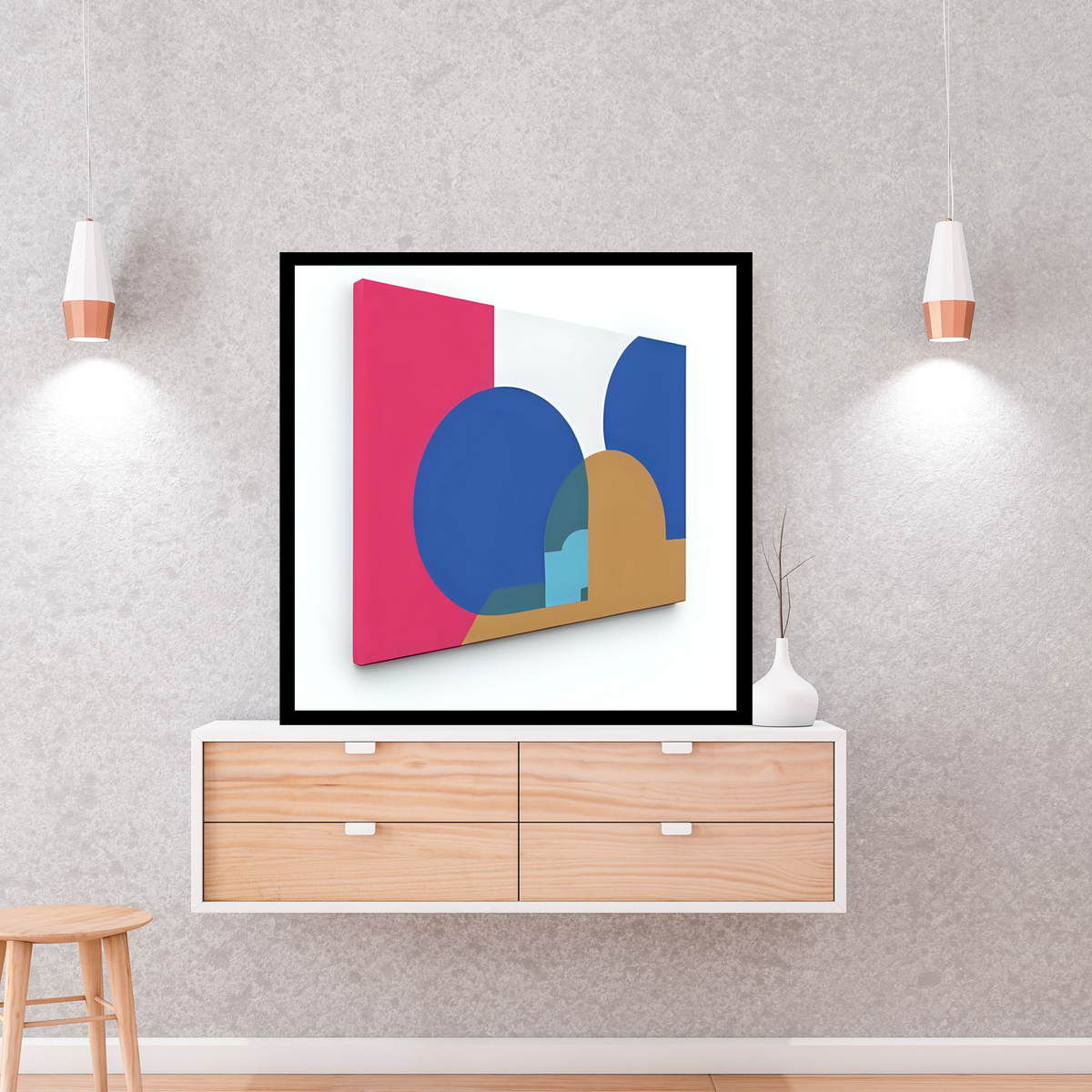 Luxury 3D Wall Art Set – Pink, Blue & Gold (3 Prints, Digital Download – 16x16, 20x20, 24x24 in)