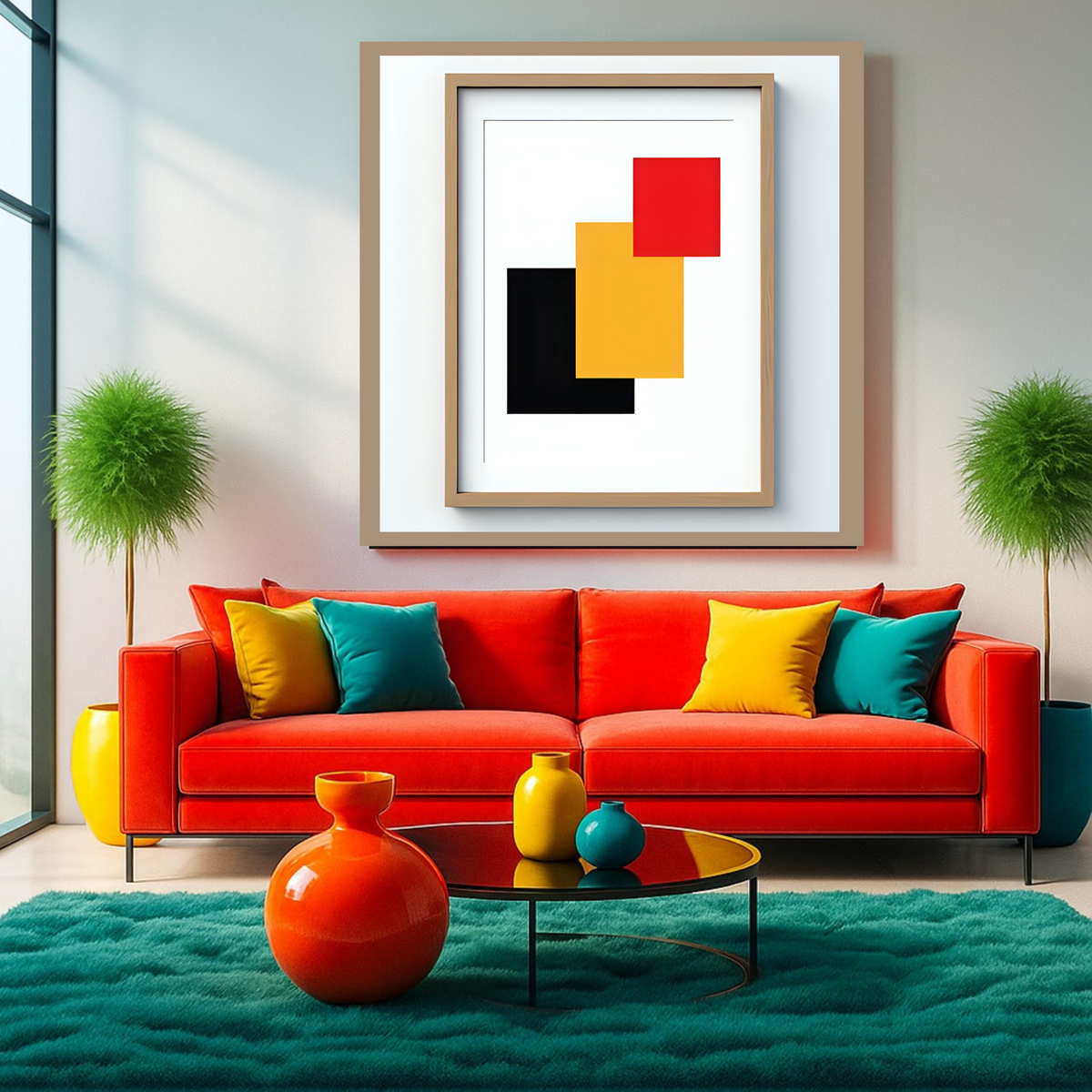 Geometric Abstract Wall Art Set – Red, Yellow, Black & Brown Borders (3 Digital Prints – 16x16, 20x20, 24x24 in)
