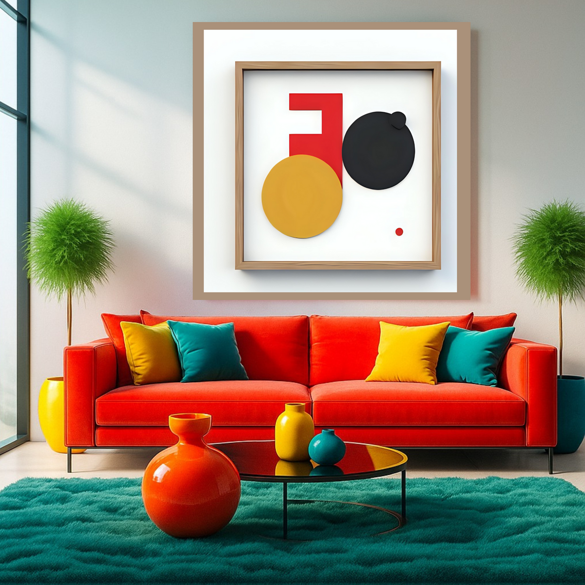 Geometric Abstract Wall Art Set – Red, Yellow, Black & Brown Borders (3 Digital Prints – 16x16, 20x20, 24x24 in)