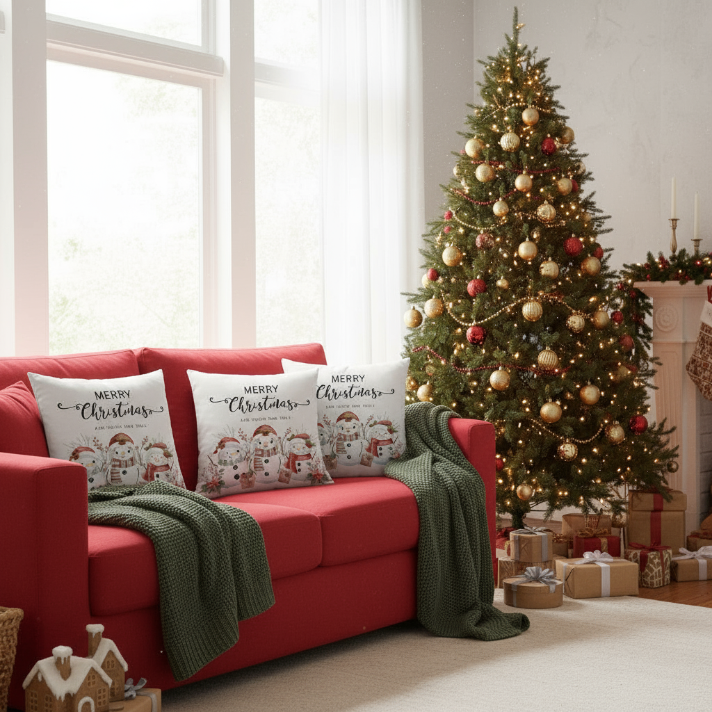 White Christmas Throw Pillow with Red & Green Designs | Festive Holiday Cushion | 18x18 & 22x22 Inches