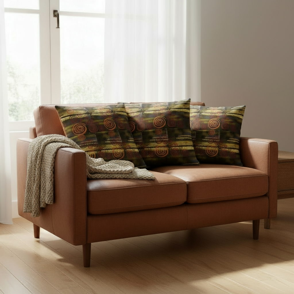 Batik-Inspired Throw Pillow – 18x18” Dark Brown & Yellow Tie-Dye with Coiled Orange Accent