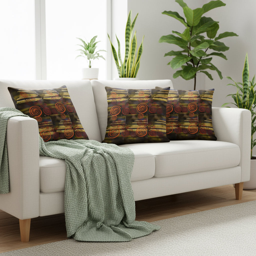 Batik-Inspired Throw Pillow – 18x18” Dark Brown & Yellow Tie-Dye with Coiled Orange Accent