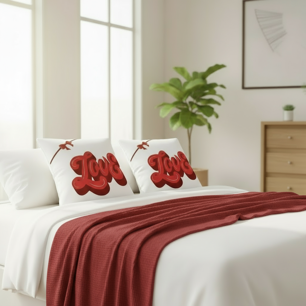 White Throw Pillow with Red Accents – Romantic Valentine Cushion for Cozy Bedroom & Living Room Décor (18x18” & 22x22”)
