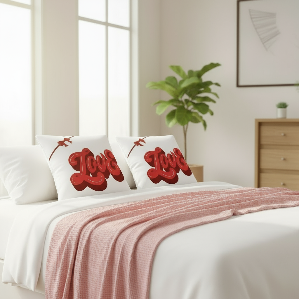 White Throw Pillow with Red Accents – Romantic Valentine Cushion for Cozy Bedroom & Living Room Décor (18x18” & 22x22”)