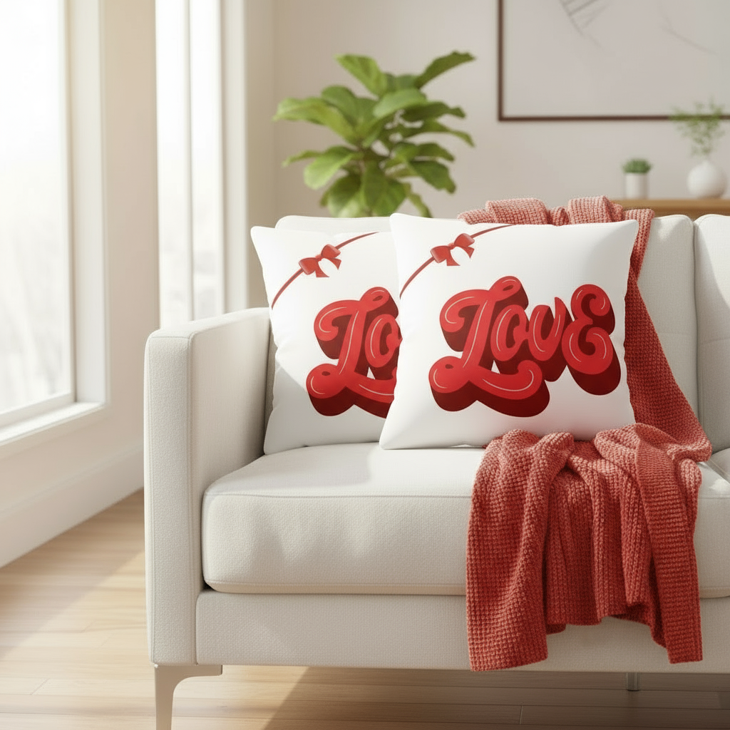 White Throw Pillow with Red Accents – Romantic Valentine Cushion for Cozy Bedroom & Living Room Décor (18x18” & 22x22”)