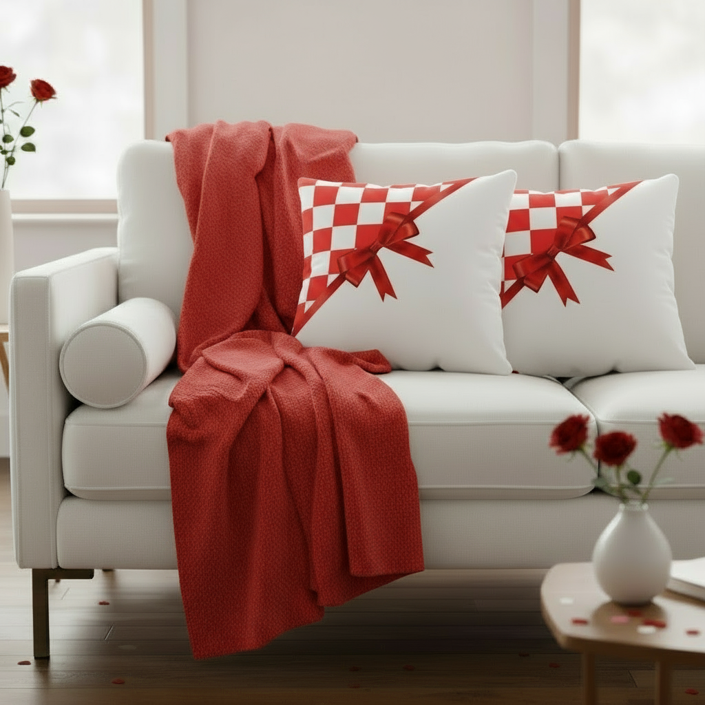 White and Red Valentine Throw Pillow – Romantic Love Cushion for Bedroom & Living Room Décor (18x18” & 22x22”)