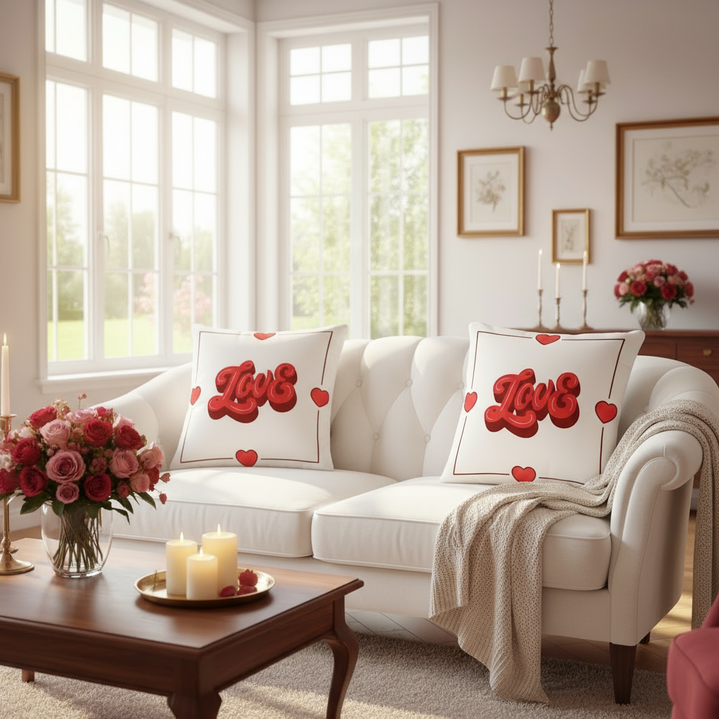 White and Red Valentine Throw Pillow – Romantic Love Cushion for Bedroom & Living Room Décor (18x18” & 22x22”)