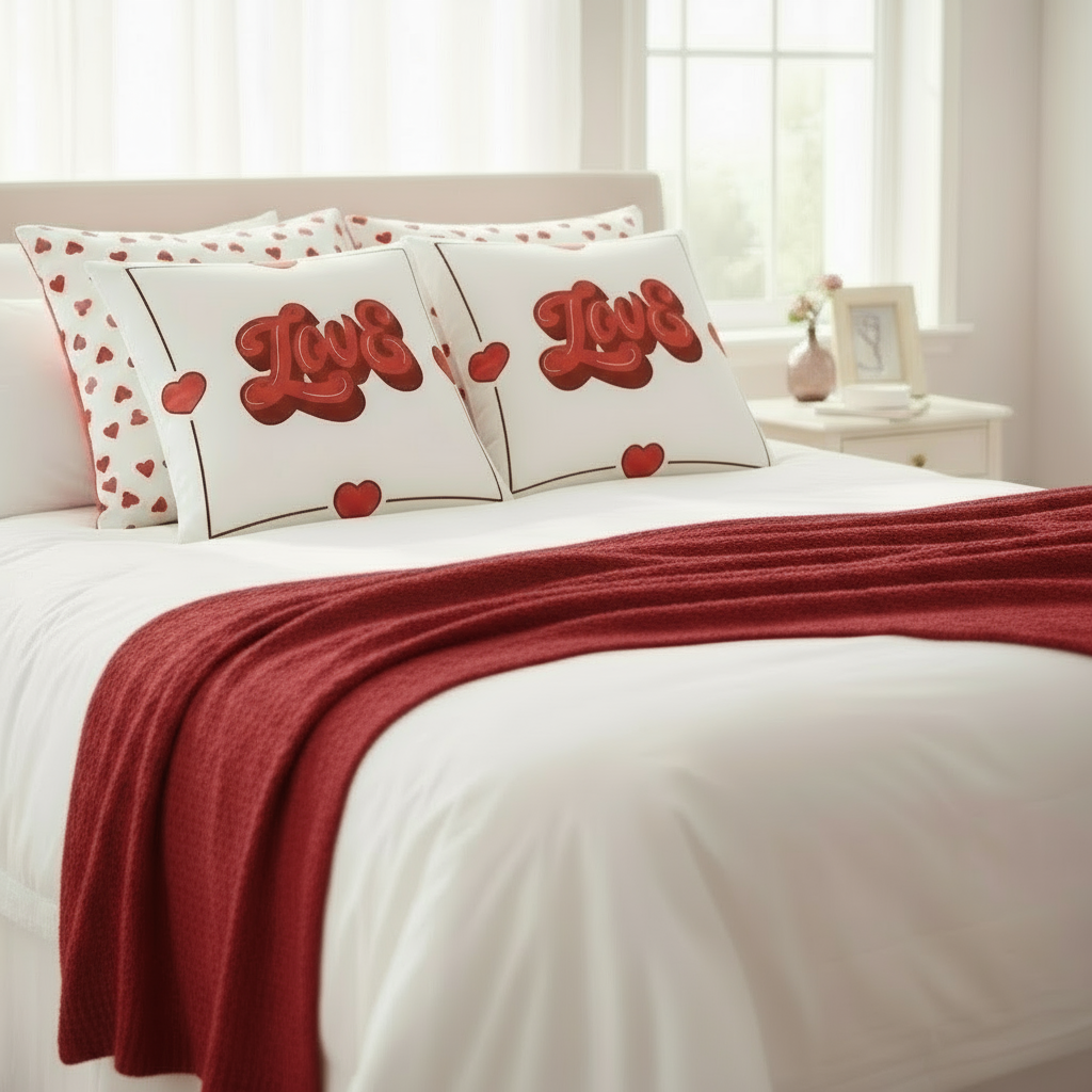 White and Red Valentine Throw Pillow – Romantic Love Cushion for Bedroom & Living Room Décor (18x18” & 22x22”)
