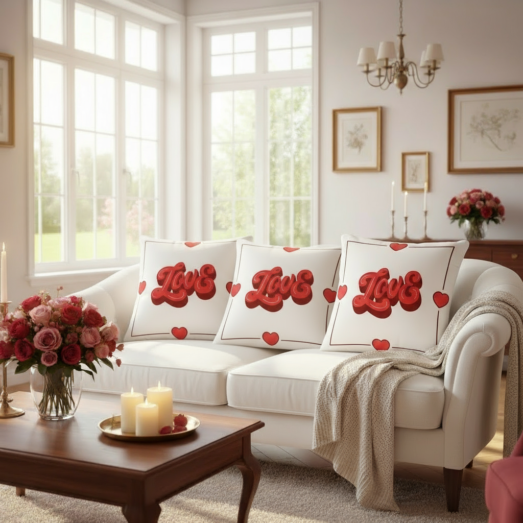 White and Red Valentine Throw Pillow – Romantic Love Cushion for Bedroom & Living Room Décor (18x18” & 22x22”)