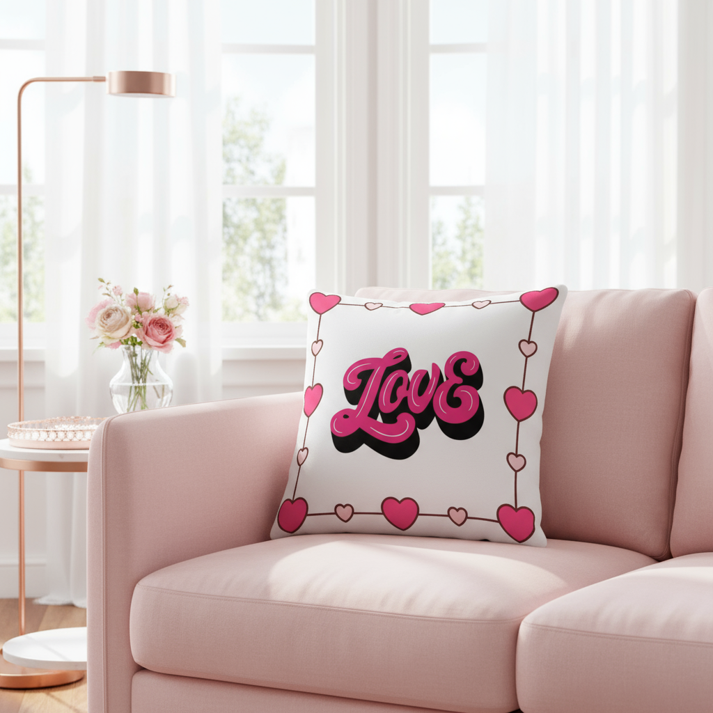 Valentine’s Throw Pillow – White with Pink Designs, Romantic Decorative Cushion, 18x18 & 22x22 in