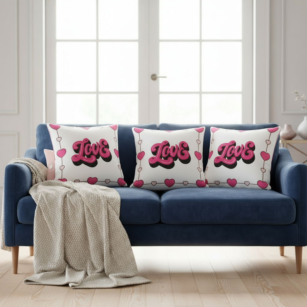 Valentine’s Throw Pillow – White with Pink Designs, Romantic Decorative Cushion, 18x18 & 22x22 in