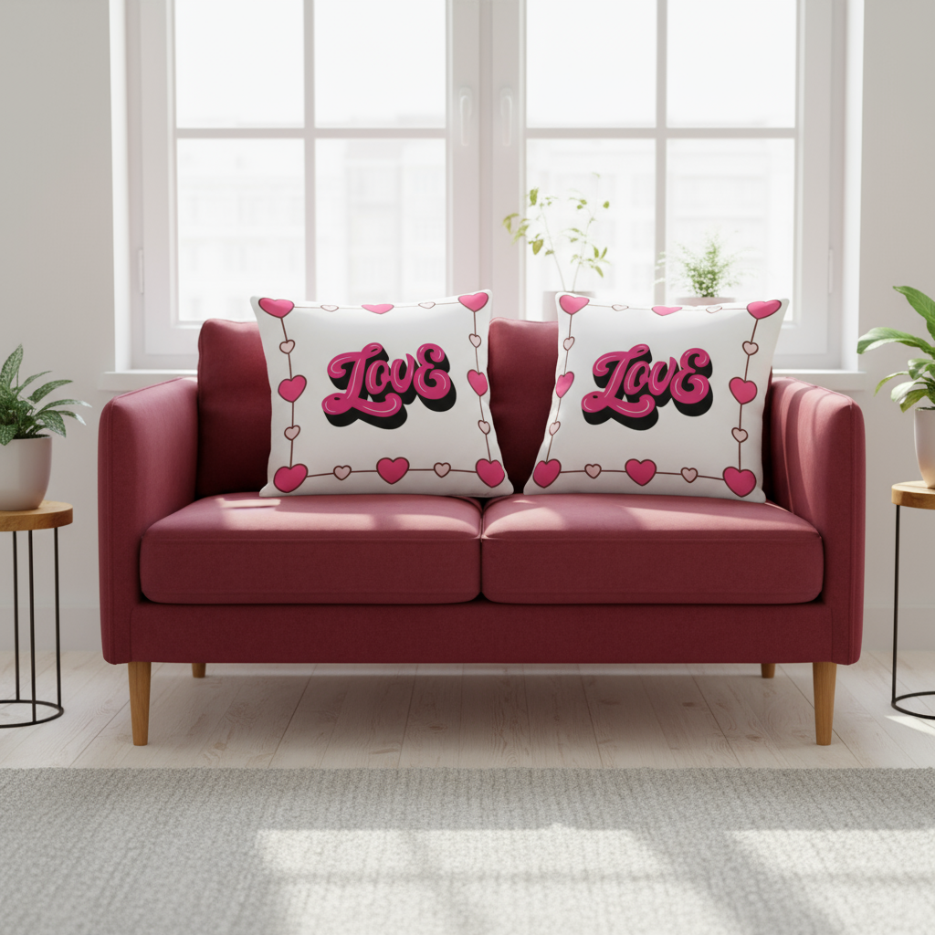 Valentine’s Throw Pillow – White with Pink Designs, Romantic Decorative Cushion, 18x18 & 22x22 in
