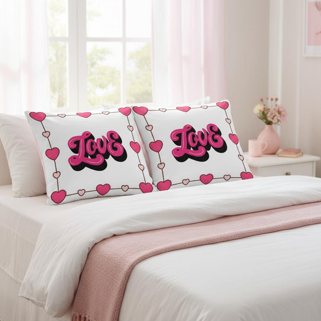 Valentine’s Throw Pillow – White with Pink Designs, Romantic Decorative Cushion, 18x18 & 22x22 in