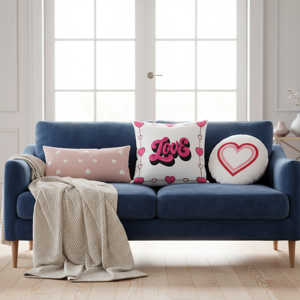 Valentine’s Throw Pillow – White with Pink Designs, Romantic Decorative Cushion, 18x18 & 22x22 in