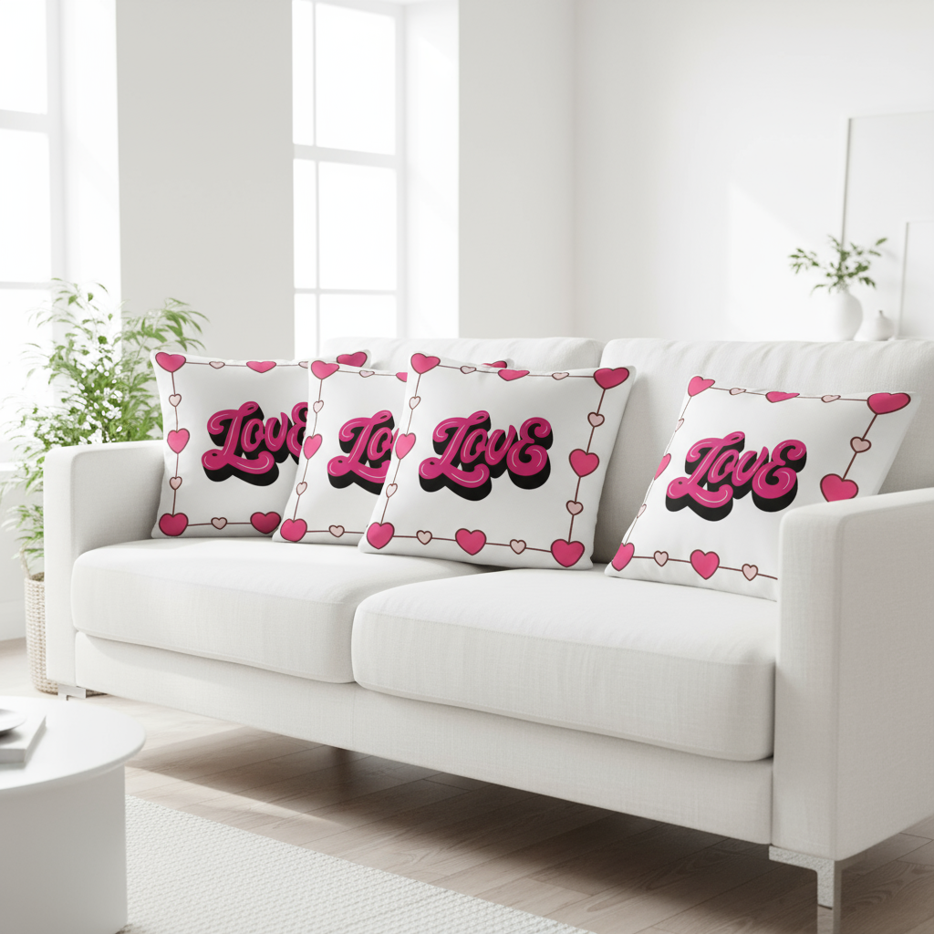 Valentine’s Throw Pillow – White with Pink Designs, Romantic Decorative Cushion, 18x18 & 22x22 in