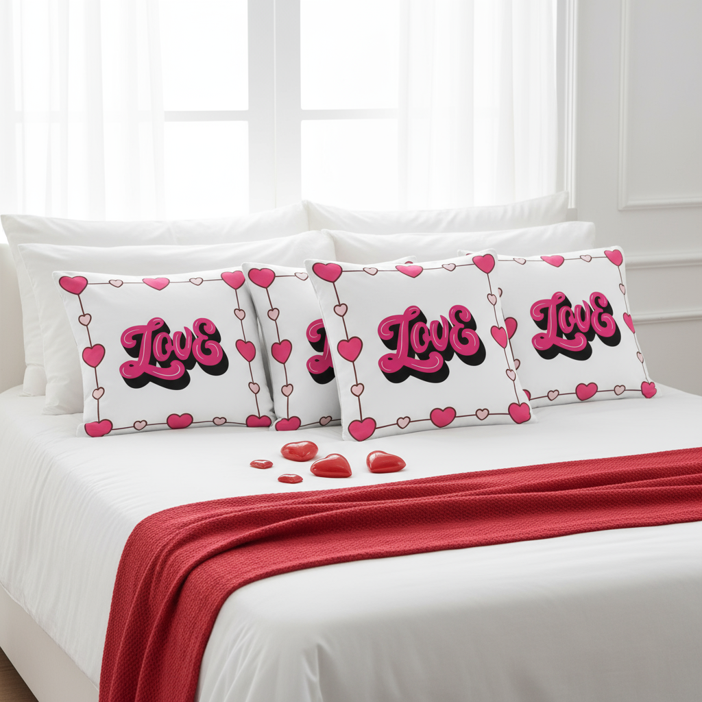 Valentine’s Throw Pillow – White with Pink Designs, Romantic Decorative Cushion, 18x18 & 22x22 in