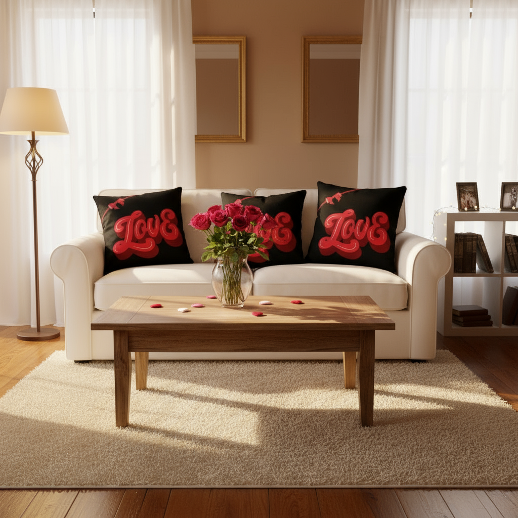 Valentine’s Throw Pillow Black & Red – Heart-Themed Romantic Cushion, 18x18 & 22x22 in