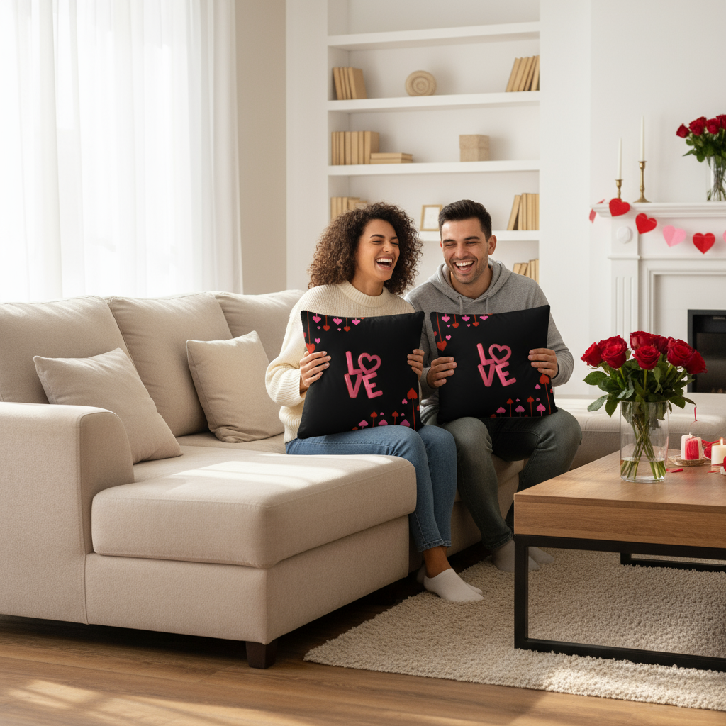 Black Valentine Throw Pillow – Pink & Red Romantic Heart Design (18x18 & 22x22”)