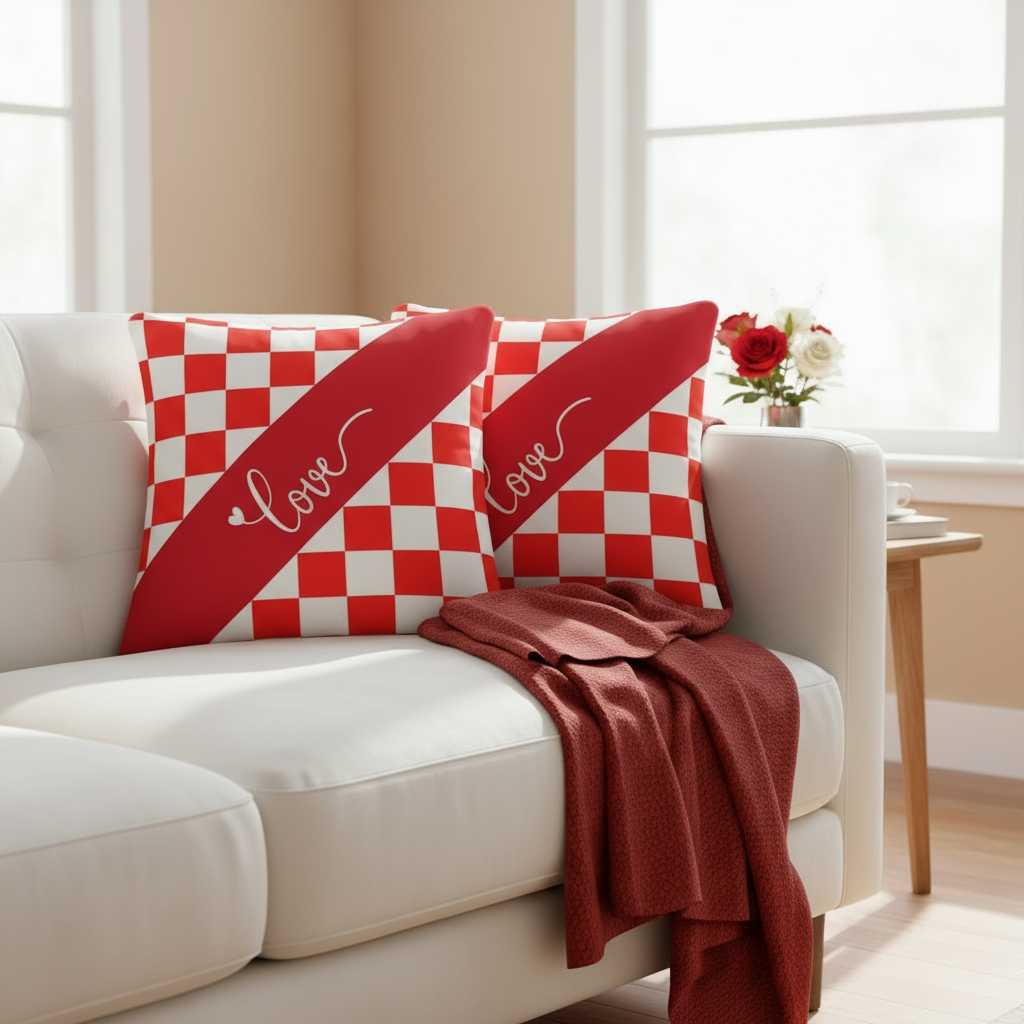 Red & White Valentine Throw Pillow – Romantic Decorative Cushion for Living Room or Bedroom (18x18” & 22x22”)