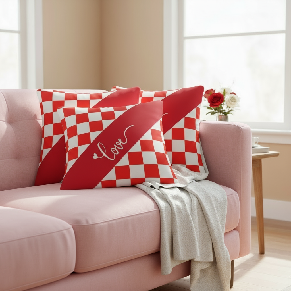 Red & White Valentine Throw Pillow – Romantic Decorative Cushion for Living Room or Bedroom (18x18” & 22x22”)