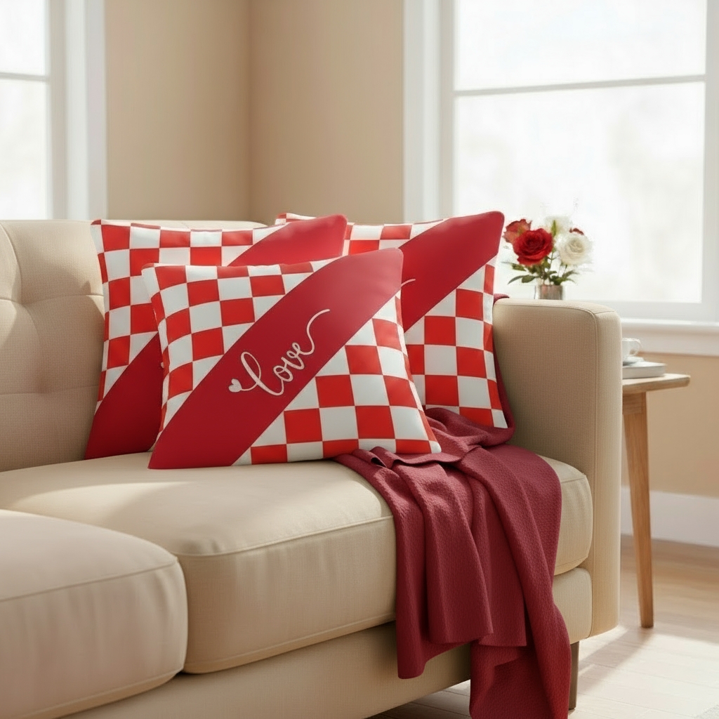 Red & White Valentine Throw Pillow – Romantic Decorative Cushion for Living Room or Bedroom (18x18” & 22x22”)