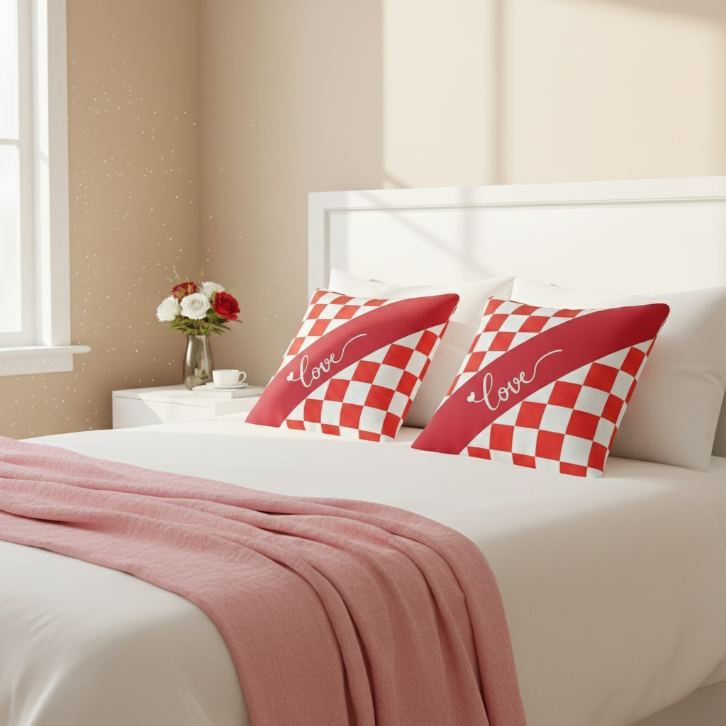 Red & White Valentine Throw Pillow – Romantic Decorative Cushion for Living Room or Bedroom (18x18” & 22x22”)