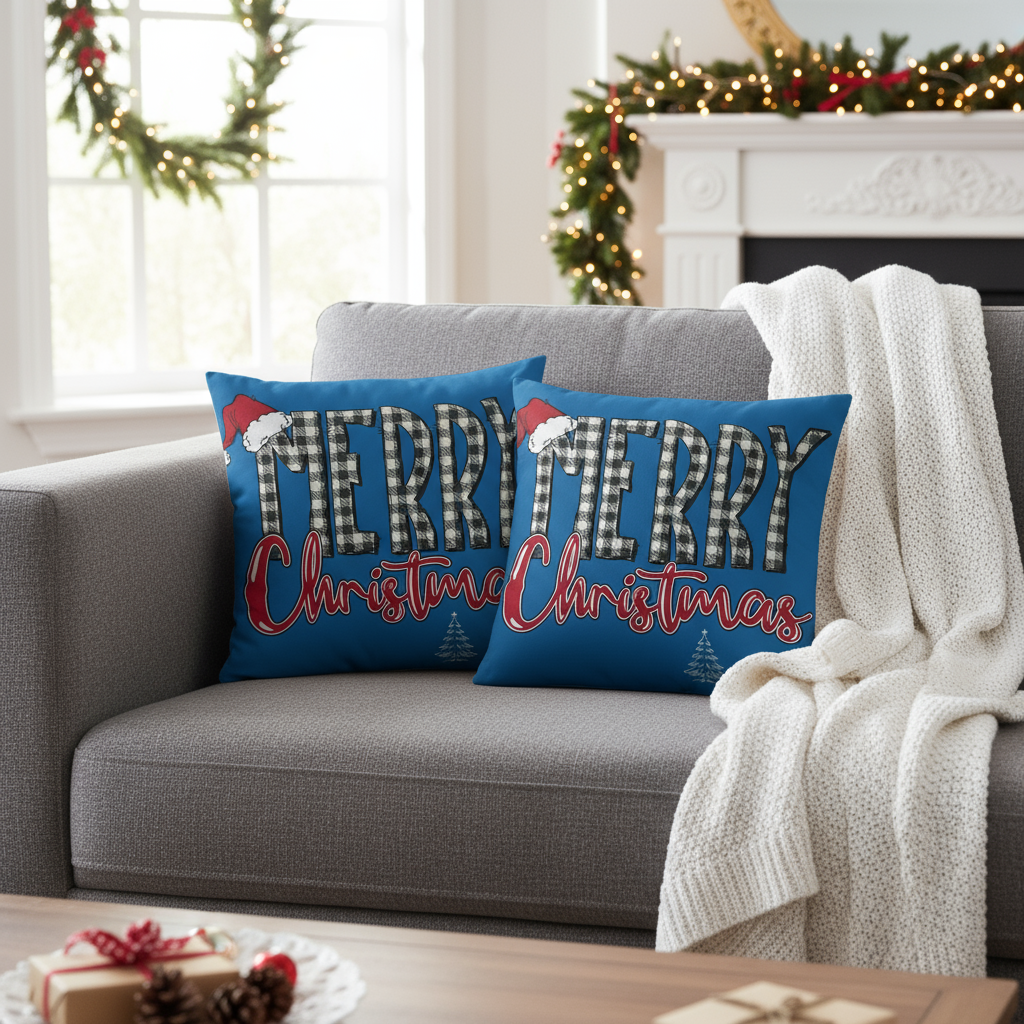 Blue Christmas Throw Pillow – 18x18” & 22x22” Winter Holiday Decorative Cushion for Cozy Home Décor