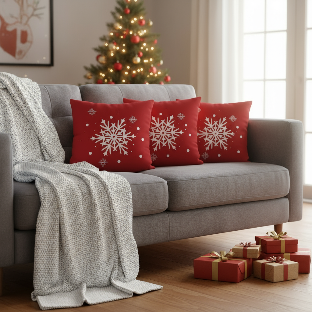 Red Christmas Throw Pillow – White Holiday Elements – 18×18 & 22×22 in