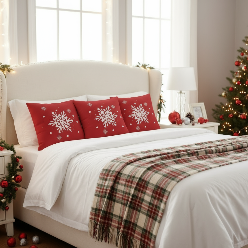 Red Christmas Throw Pillow – White Holiday Elements – 18×18 & 22×22 in