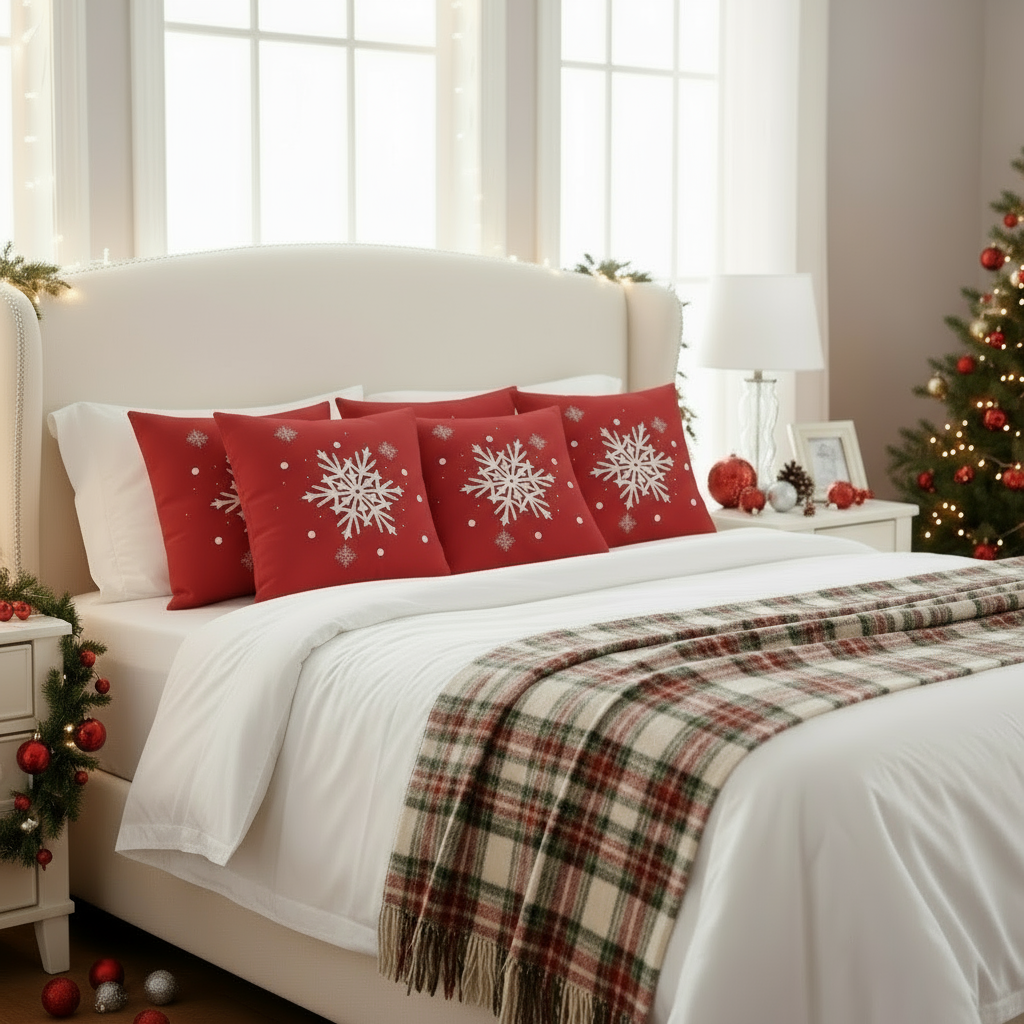Red Christmas Throw Pillow – White Holiday Elements – 18×18 & 22×22 in