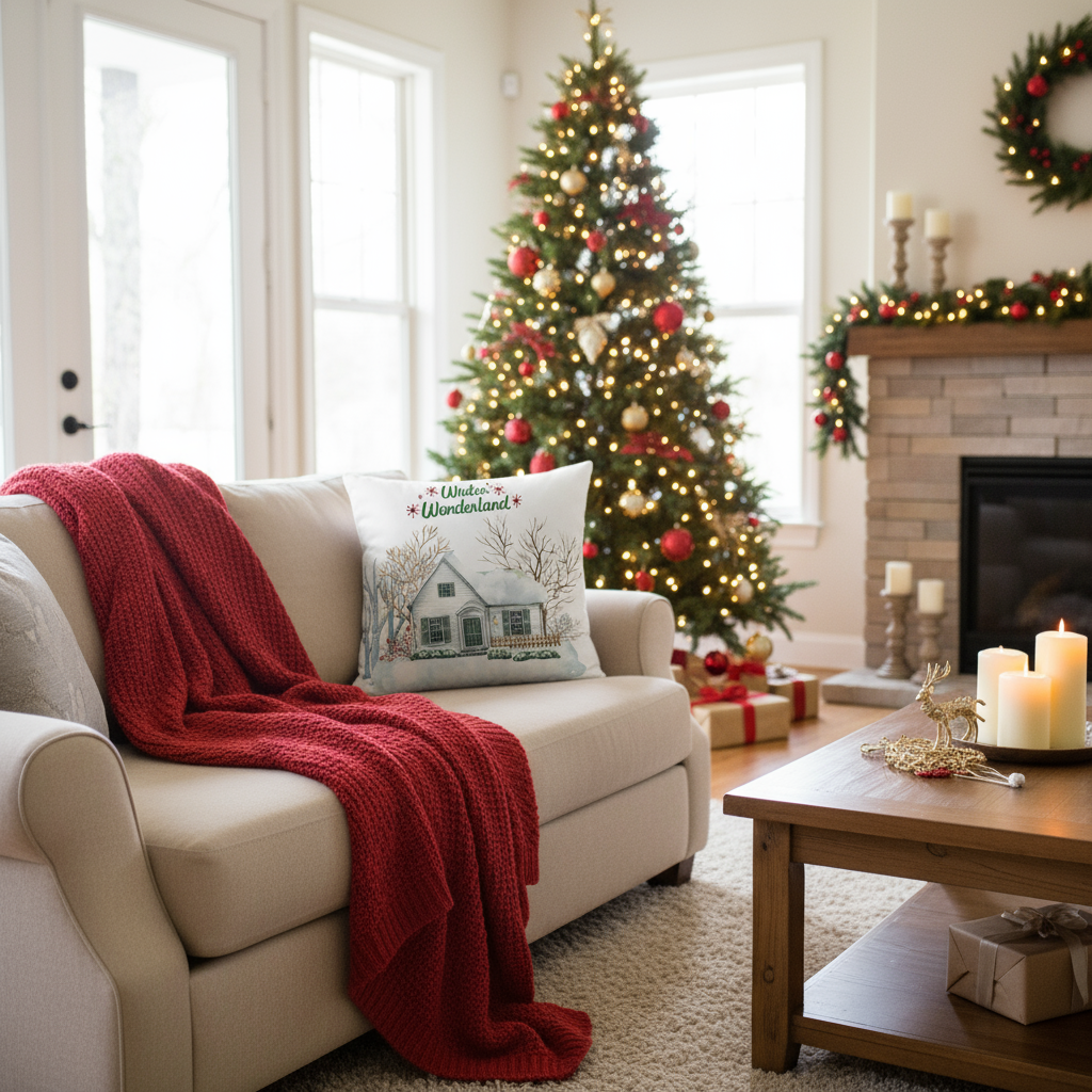 White Christmas Throw Pillow – Cozy Winter Holiday Cushion for Living Room & Bedroom (22x22”)