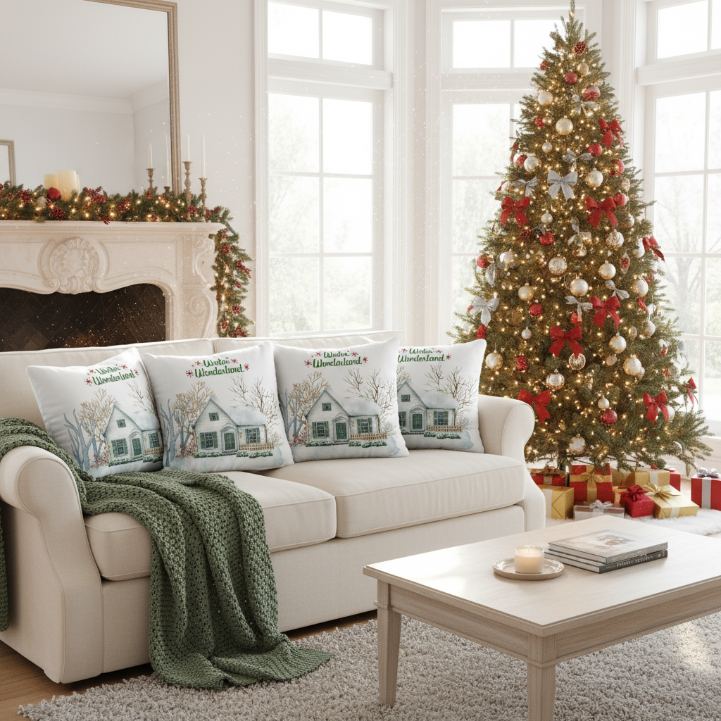 White Christmas Throw Pillow – Cozy Winter Holiday Cushion for Living Room & Bedroom (22x22”)