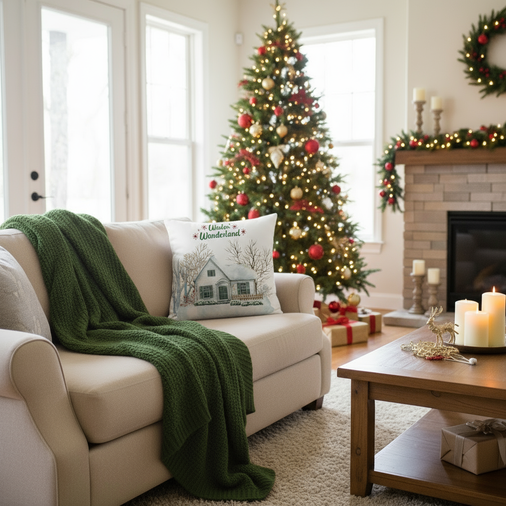 White Christmas Throw Pillow – Cozy Winter Holiday Cushion for Living Room & Bedroom (22x22”)