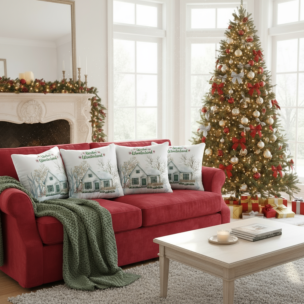 White Christmas Throw Pillow – Cozy Winter Holiday Cushion for Living Room & Bedroom (22x22”)