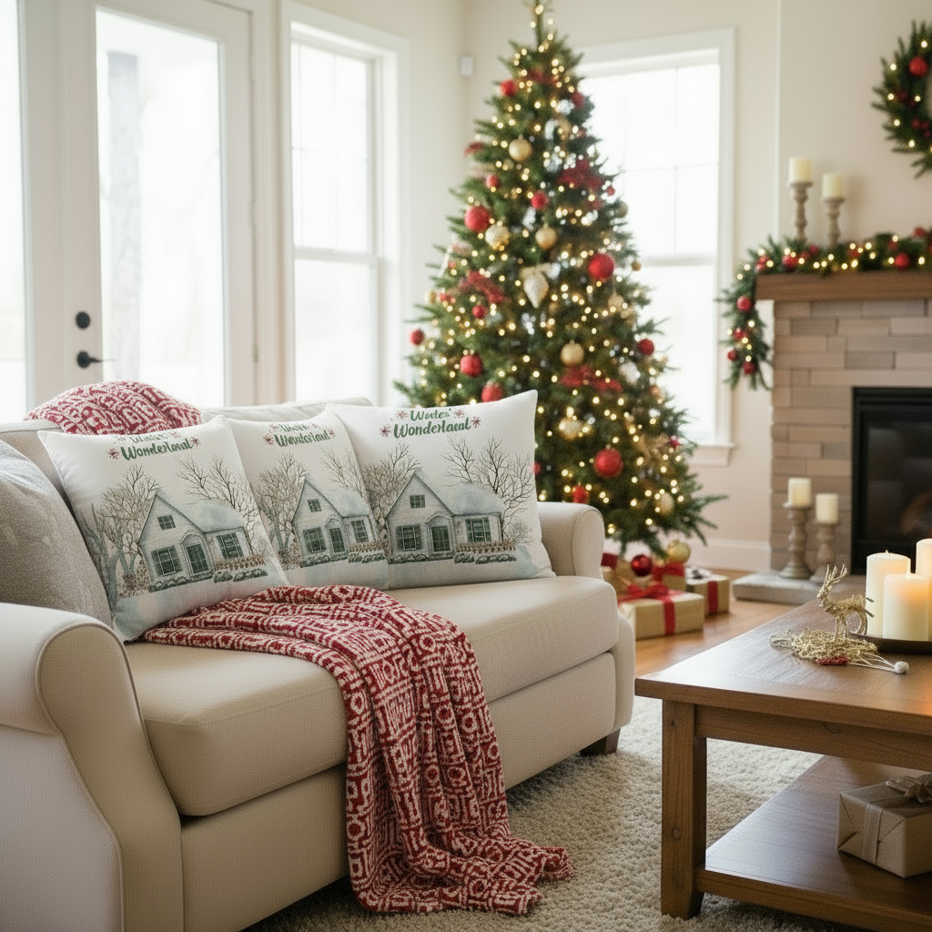 White Christmas Throw Pillow – Cozy Winter Holiday Cushion for Living Room & Bedroom (22x22”)