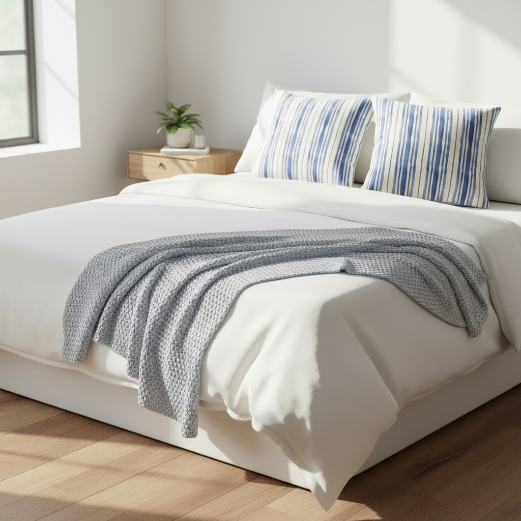 Striped Throw Pillow – White with Blue Stripes, Modern Decorative Cushion for Sofa, Bedroom & Living Room, 18x18 & 22x22 in