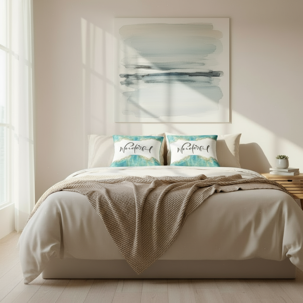 Green & White Marble Throw Pillow with Gold Accents – “Wonderful” Decorative Cushion 22x22”