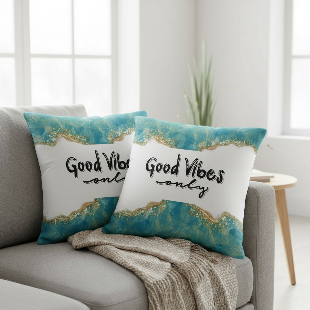 Green & White Marble Throw Pillow with Gold Accents – “Good Vibes Only” Decorative Cushion 22x22”