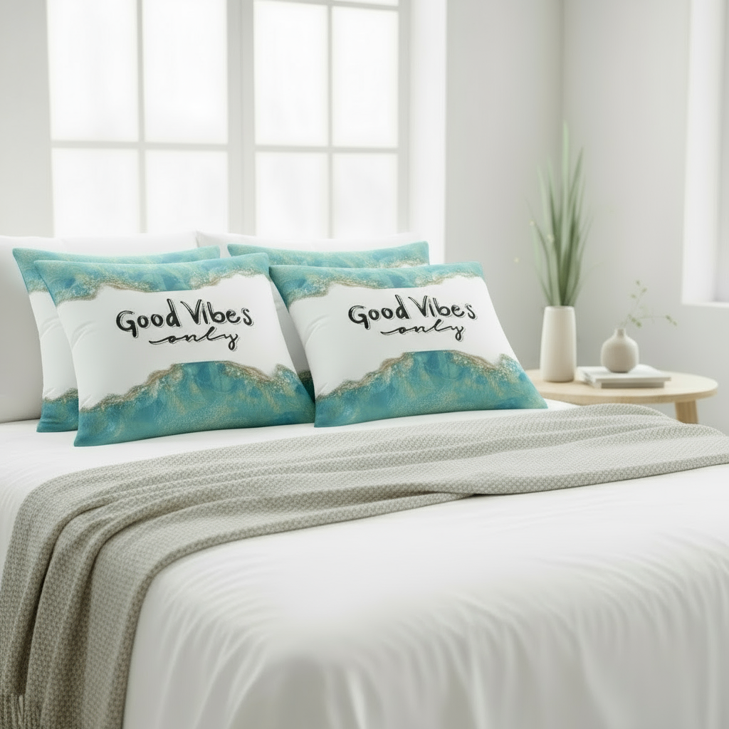 Green & White Marble Throw Pillow with Gold Accents – “Good Vibes Only” Decorative Cushion 22x22”