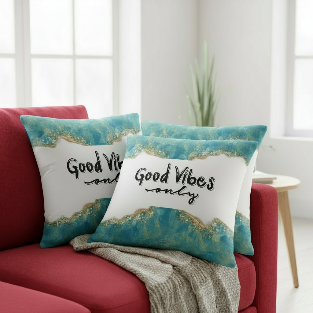 Green & White Marble Throw Pillow with Gold Accents – “Good Vibes Only” Decorative Cushion 22x22”