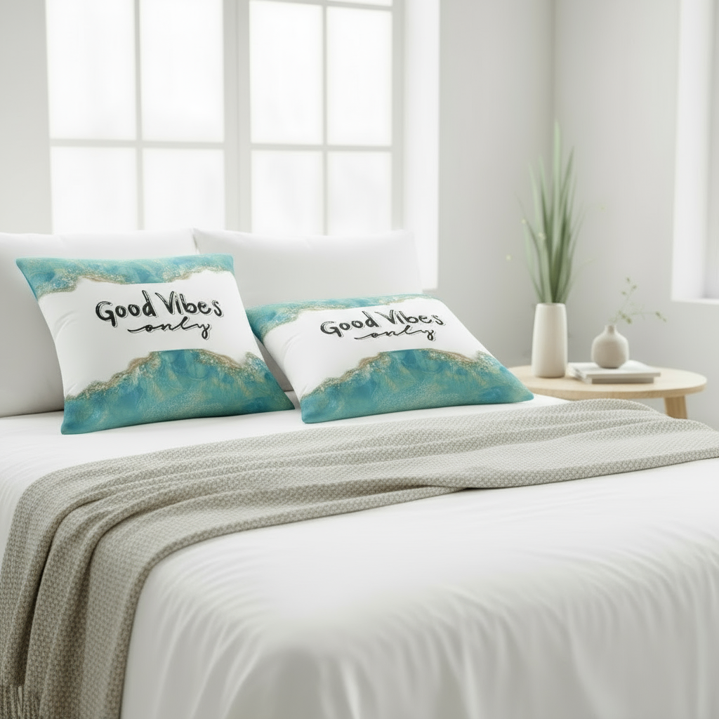 Green & White Marble Throw Pillow with Gold Accents – “Good Vibes Only” Decorative Cushion 22x22”