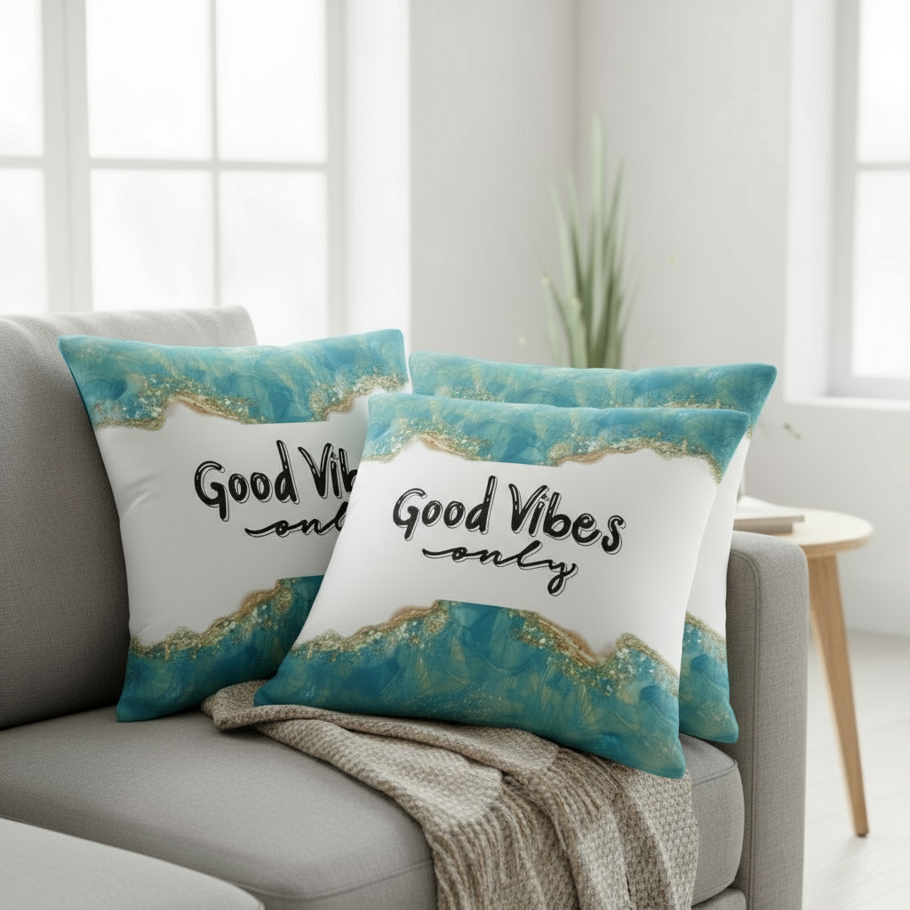 Green & White Marble Throw Pillow with Gold Accents – “Good Vibes Only” Decorative Cushion 22x22”
