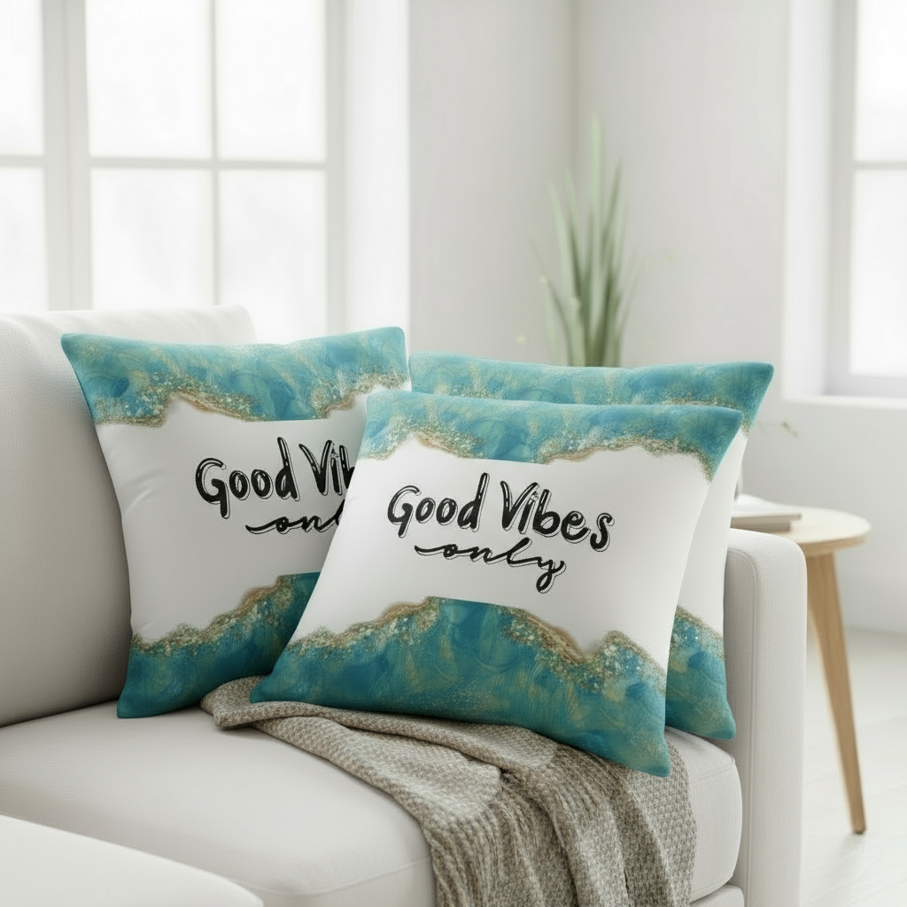 Green & White Marble Throw Pillow with Gold Accents – “Good Vibes Only” Decorative Cushion 22x22”