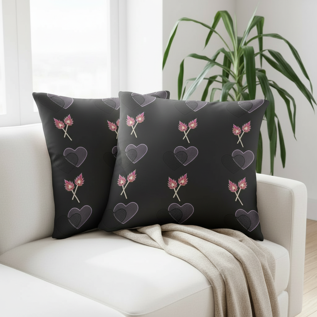 Black Throw Pillow with Pink Floral & Heart Designs – Decorative Cushion 22x22”
